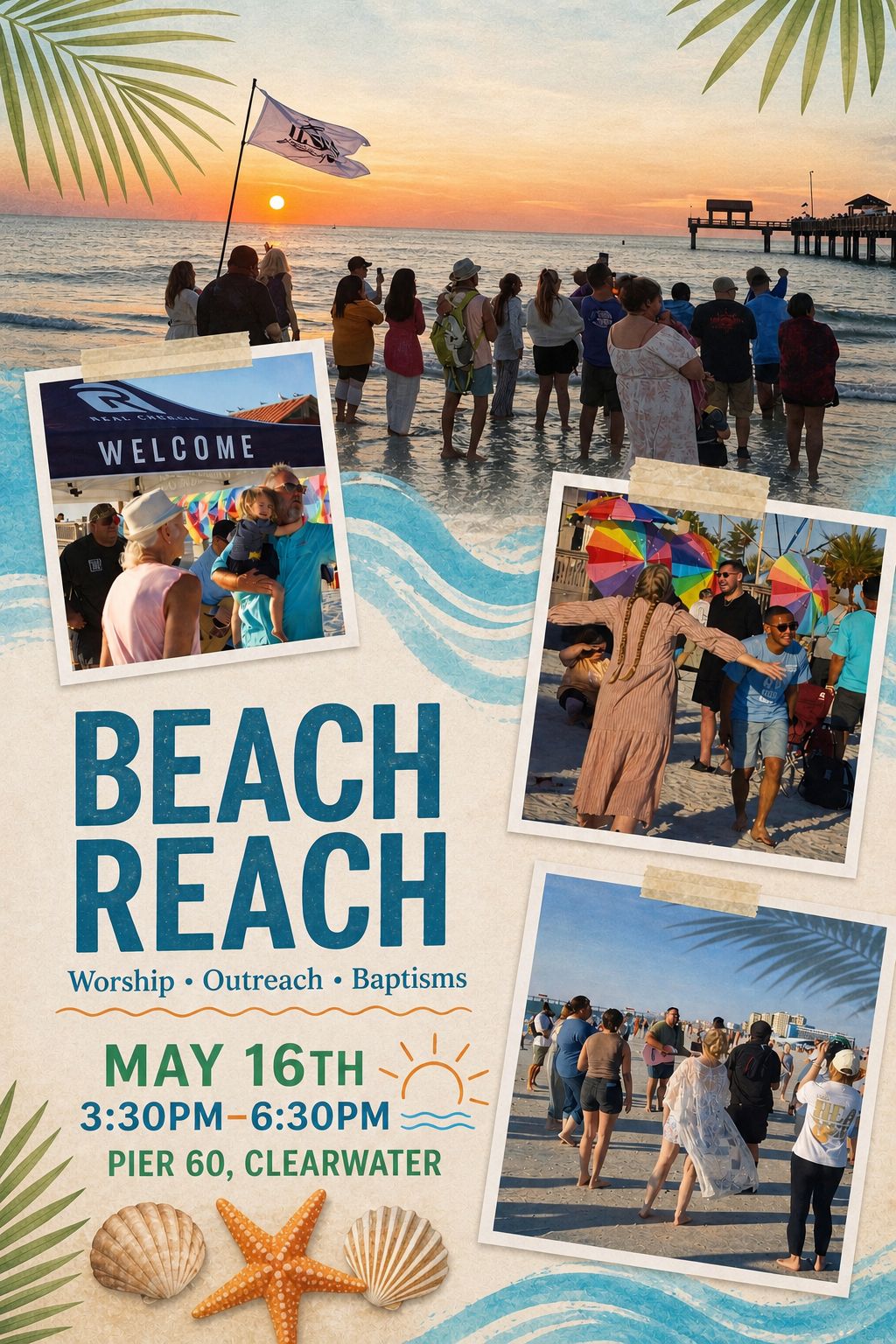 Beach Reach — Worship, Outreach, Baptisms — May 16th 3:30PM–6:30PM, Pier 60, Clearwater